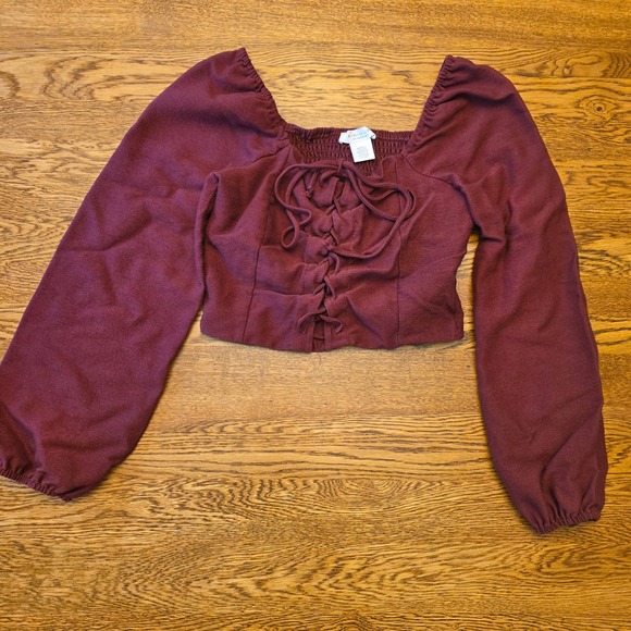 KIRIOUS LOS ANGELES Tops - Kirious Crop Top Burgundy Long Sleeve Square‎ Neck Lace Up Smocked Boho Coquette